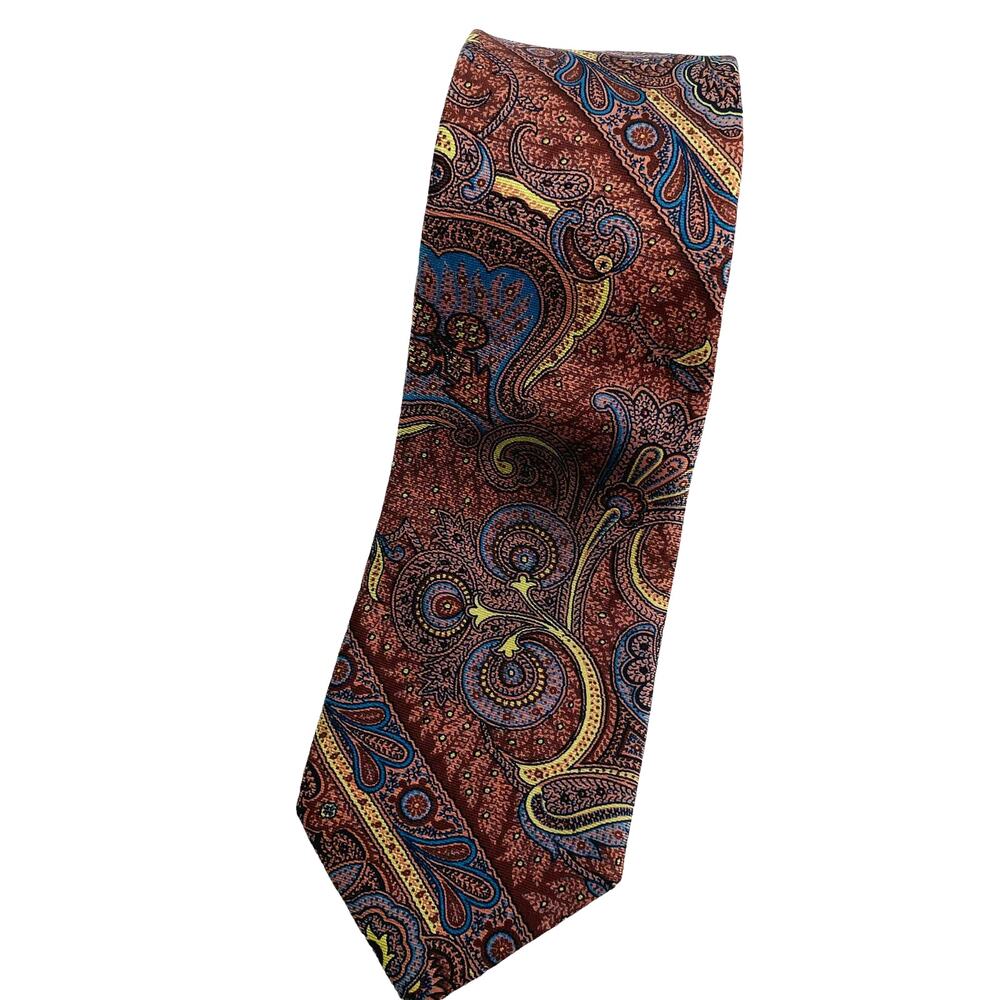 OSCAR DE LA RENTA Men's Silk Tie Brown Tan Gold Burgundy Paisley